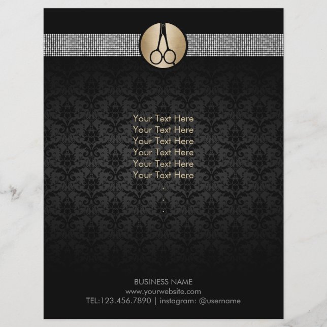 Modern guld sax logotyp damask frisör reklamblad (Framsidan)