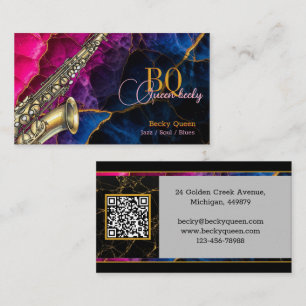 Modern guld saxofon jazz & QR-kod, monogram Visitkort
