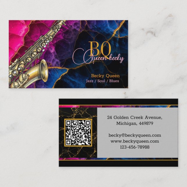 Modern guld saxofon jazz & QR-kod, monogram Visitkort (Fram/baksida)