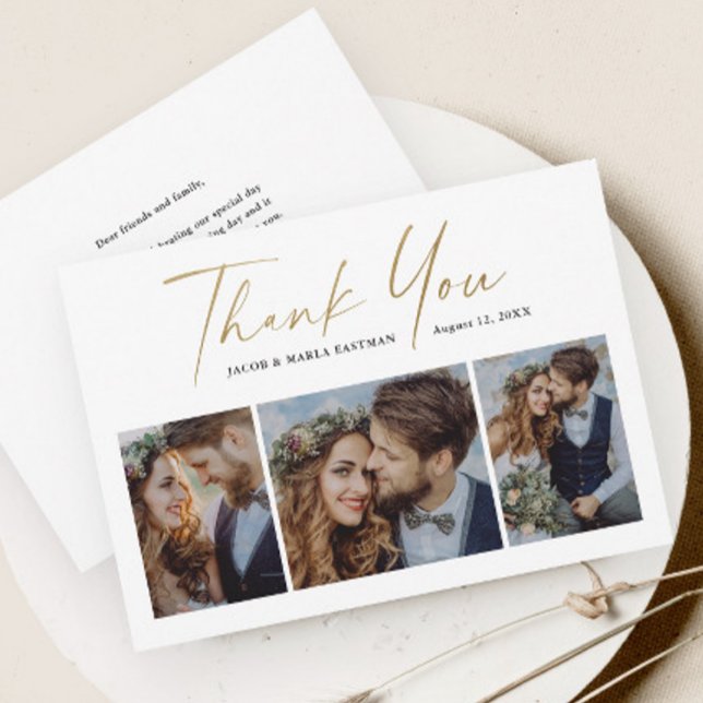 Modern Guld Script 3 Photo Bröllop Tack Kort (Modern gold script 3 photo collage wedding thank you cards.)