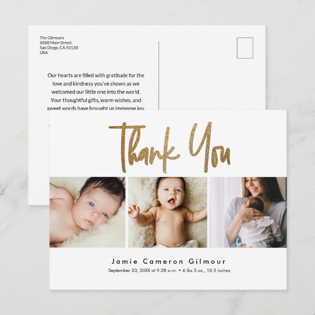 Modern Guld Script Anpassningsbar 3 bild Baby Tack Vykort (Fram/baksida)