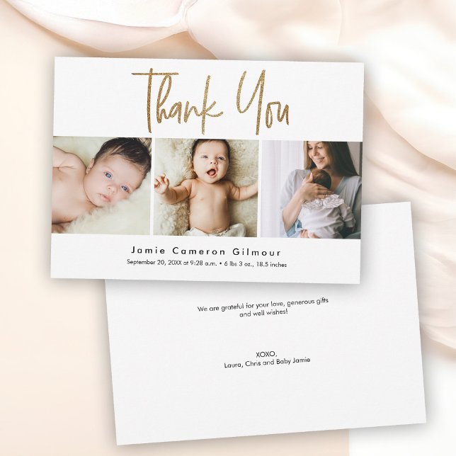 Modern Guld Script Anpassningsbar 3 foto Baby digi Meddelande (baby birth announcement digital download and print card)
