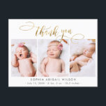 Modern Guld Script Baby Photo Collage Tack Vykort<br><div class="desc">Modern Elegant Calligraphy Guld Script 3 Photo Collage Newborn Baby Tack Birth Notification Postcard. Har en vacker "tack"-text i ett handskrivet calligraphy swash svan font script i FAUX guld på vit sida. I förväg framtagna personliga budskap och födelsestatistik med baby namn ingår. Underbar för flicka eller pojke. Enkel att anpassa...</div>