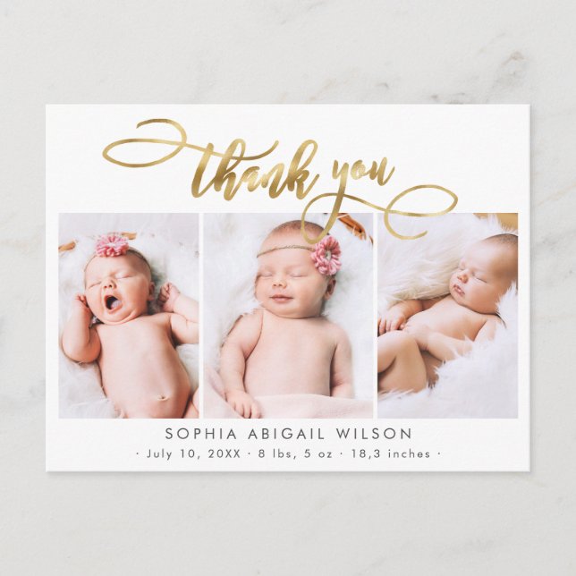 Modern Guld Script Baby Photo Collage Tack Vykort (Framsida)