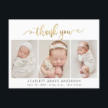 Modern Guld Script Baby Photo Collage Tack Vykort<br><div class="desc">Modern Elegant Chic Calligraphy Script 3 Photo Collage Newborn Baby Tack Birth Notification Postcard. Med en söt "tack"-text i en handskriven kalligrafi kan du snabbt byta ut svan-teckensnittsskript i FAUX guld-folie mot vitt. I förväg framtagna personliga budskap och födelsestatistik med baby namn ingår. Underbar för flicka eller pojke. Enkel att...</div>