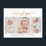 Modern Guld Script Baby Photo Collage Tack Vykort<br><div class="desc">Modern Elegant Chic Calligraphy Script 3 Photo Collage Newborn Baby Tack Birth Notification Postcard. Med en söt "tack"-text i en handskriven kalligrafi kan du snabbt byta ut svan-teckensnittsskript i FAUX guld-folie mot vitt. I förväg framtagna personliga budskap och födelsestatistik med baby namn ingår. Underbar för flicka eller pojke. Enkel att...</div>