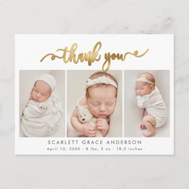 Modern Guld Script Baby Photo Collage Tack Vykort (Framsida)