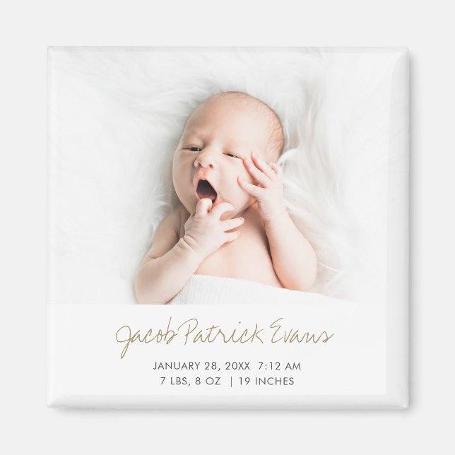 Modern Guld Script Boy eller Girl Birth Notice Magnet (Framsidan)