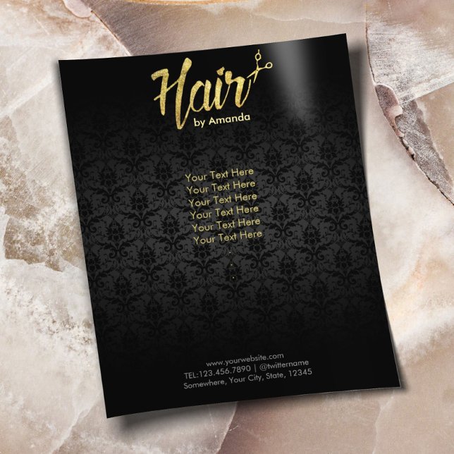 Modern Guld Script Damask Hair Salon Brochures Flygblad (Skapare uppladdad)