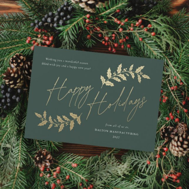Modern Guld Script Glad helg Business Julkort (Elegant gold greenery leaves happy holidays green business holiday card.)