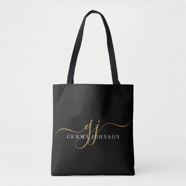 Modern Guld Script Monogram Initialer Black Tygkasse (Framsida)