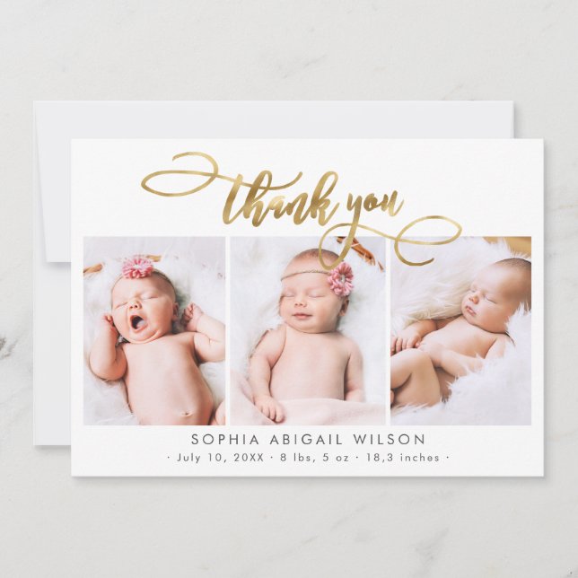 Modern Guld Script Newborn 3 Baby Photo Tack Kort (Framsida)