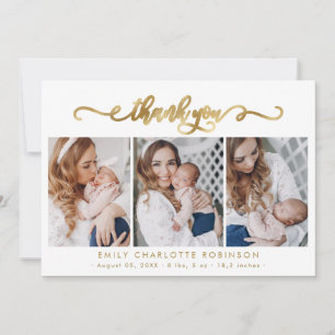 Modern Guld Script Newborn Baby 3 Photo Tack Kort
