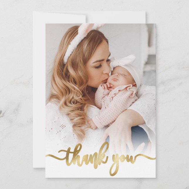 Modern Guld Script Newborn Baby Photo Tack Kort (Framsida)