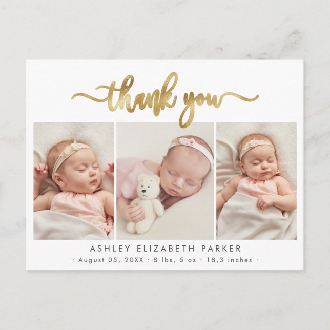 Modern Guld Script Newborn Photo Collage Tack Vykort (Framsida)