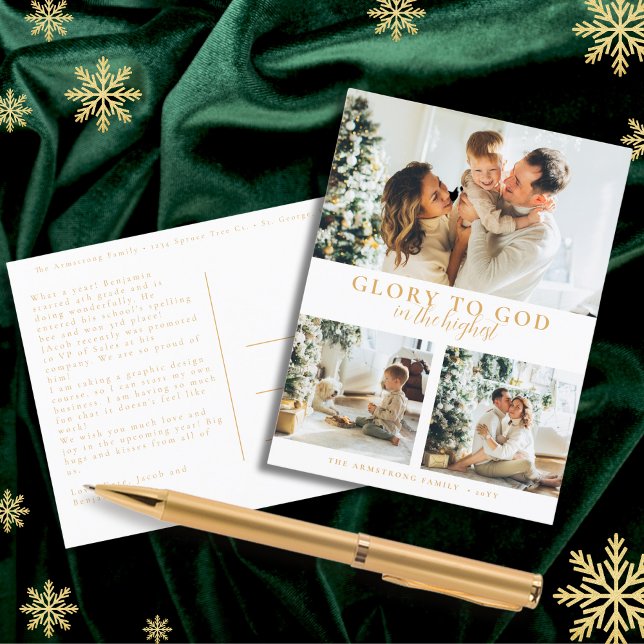 Modern Guld Script Religiösa jul 3-foto Helg Vykort (Simple, minimalist, religious Christmas postcard with 3 photos)