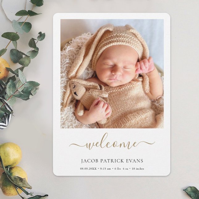 Modern Guld Script Welcome Photo Boy Birth Birth Meddelande (Skapare uppladdad)