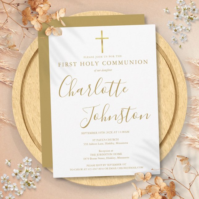 Modern Guld Signatur Första Nattvarden Inbjudningar (Modern Golden Signature First Holy Communion Invitation)