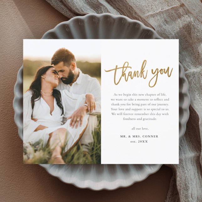 Modern Guld-skript Foto Bröllop Tack (Modern gold script wedding photo thank you magnetic card.)