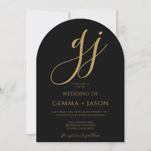 Modern Guld-skript Initialer Monogram Black Bröllo Inbjudningar