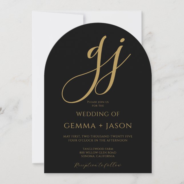 Modern Guld-skript Initialer Monogram Black Bröllo Inbjudningar (Framsida)