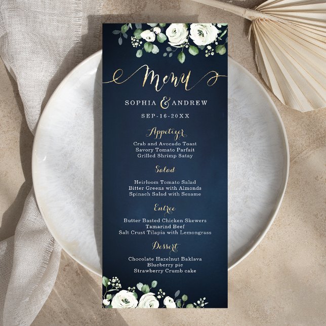 Modern guld-skript marinblå vit blommigt bröllop meny (Modern gold script navy blue white floral wedding menu)