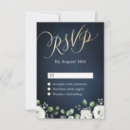 Modern guld-skript marinblå vit blommigt bröllop OSA kort