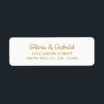 Modern guld-skript. Vita Bröllop Returadress Etikett<br><div class="desc">Snyggt guld-skript. Minimalistisk enkel returadressetikett för vit Bröllop. Lägg enkelt till ditt eget namn och adress.</div>