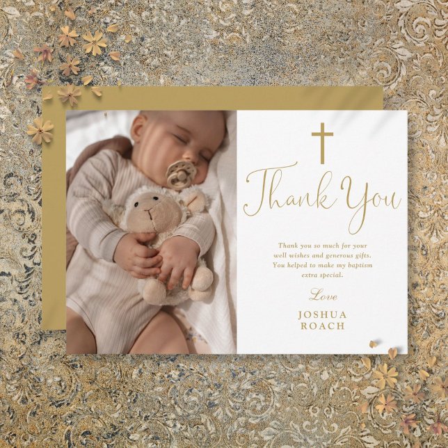Modern Guld-skriptfotomässig Elegant-fotobaptism Tack Kort (Modern Elegant Gold Script Photo Baptism Thank You Card)