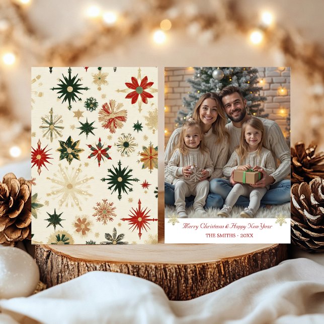 Modern Guld Snöflingor ett foto Julkort (Modern Gold Snowflakes one photo Holiday Card)