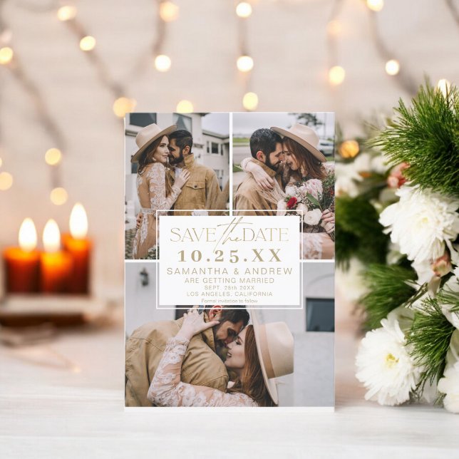 Modern guld spara datum 3 bilder rutnät kollaژ spara datumet (Modern gold save the date 3 photos grid collage)