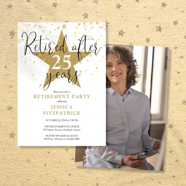 Modern Guld Stars Photo Pension Party Inbjudningar (Modern Gold Stars Photo Retirement Party Invitation)