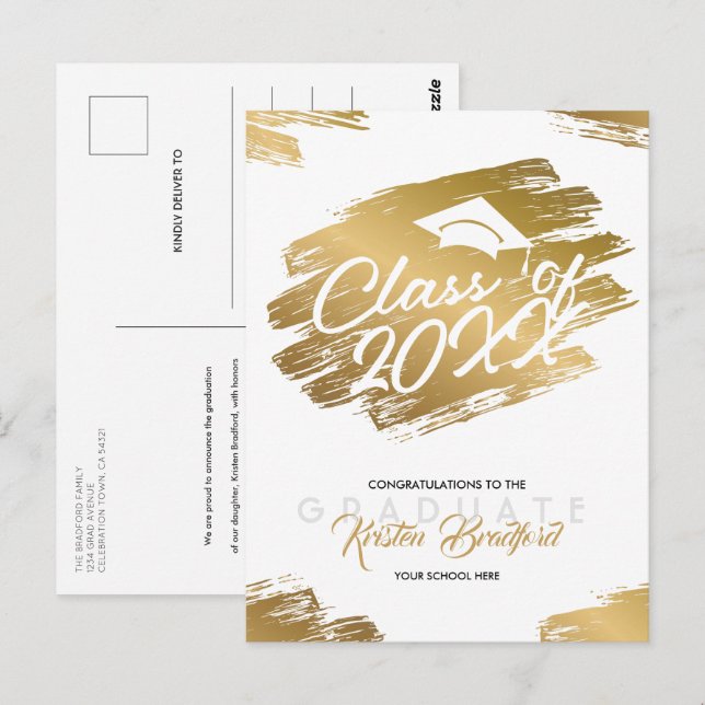 Modern Guld Stroke Vit Examenstillkännagivande Vykort (Fram/baksida)