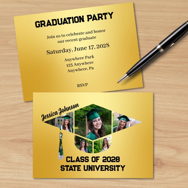 Modern Guld Studenten Shape Photo Collage Party Inbjudningar (Matching Gold Graduation Shape Photo Collage Party Invitation)