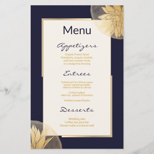 Modern Guld Succulents Bröllop Menu på Blue (Framsida)