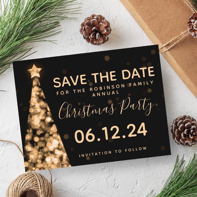 Modern Guld & Svart Julfest Spara Datum Meddelande Vykort (Modern Gold & Black Christmas Party Save The Date Announcement Postcard)