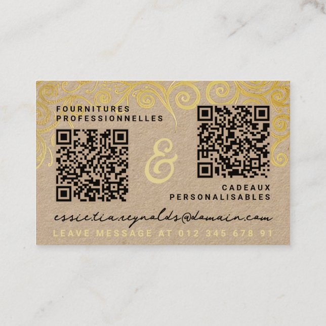 Modern Guld Tan & Black Calligraphy Add 2 QR Codes Visitkort (Baksida)