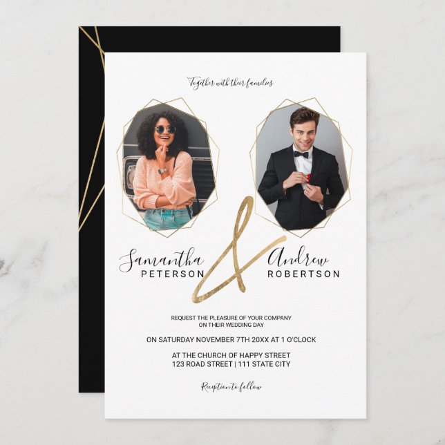 Modern guld terrarium ram porträtt bröllop inbjudningar (Fram/baksida)