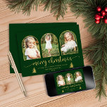 Modern Guld Träd Arch 3 Fotojul Julkort<br><div class="desc">Modern julkort i Träd 3-Guld-med 3 av dina favoritfoton och vår fantastiska chic boho-typografi och geometrisk båge i saffron guld-folie mot grönt av skogar. Perfekt för helgdagskortet och hälsning! Kontakta oss på cedarandstring@gmail.com om du behöver hjälp med designen eller matchande produkter.</div>