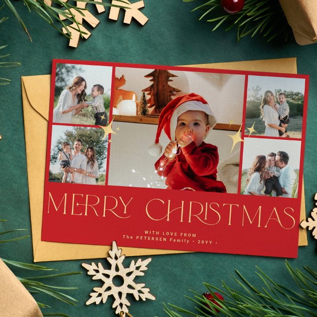 Modern guld-typografi - fotokollage röd jul julkort (Skapare uppladdad)