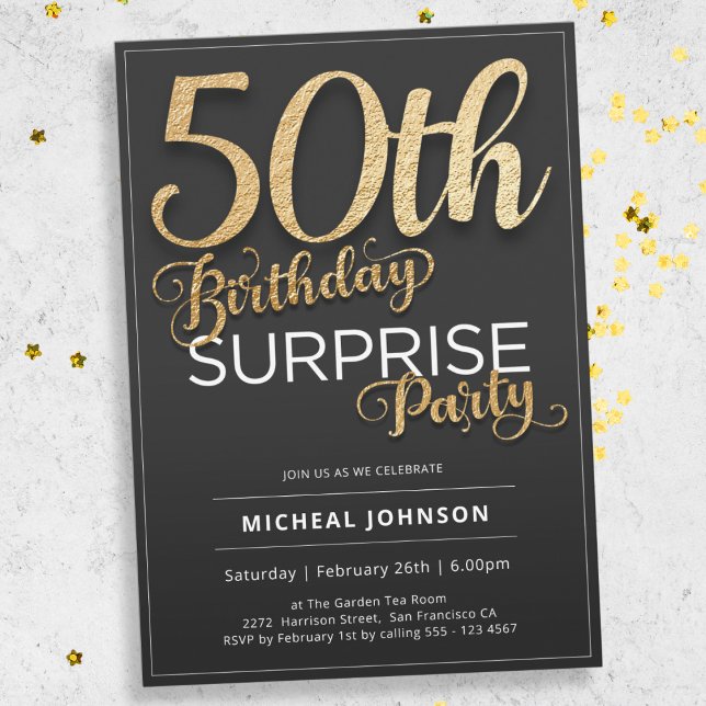 Modern Guld-typografi Surprise 50:e födelsedagen Inbjudningar (Mockup View)
