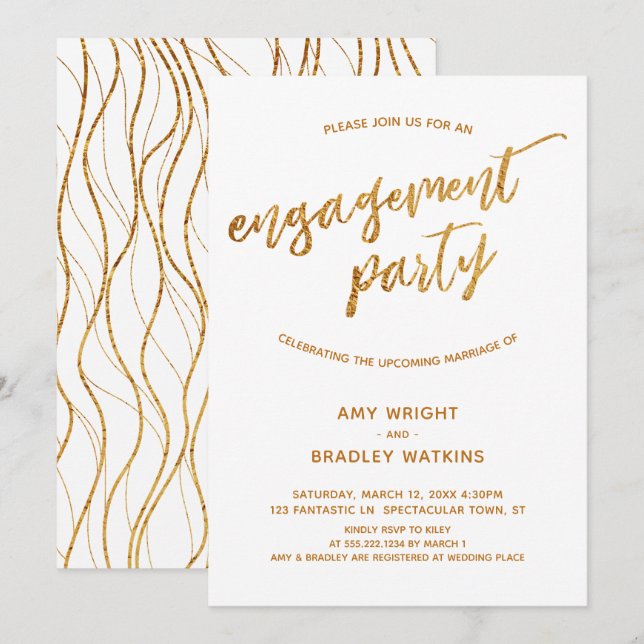 Modern Guld Vågar Handskrift om vit Förlovning Inbjudningar (Fram/baksida)