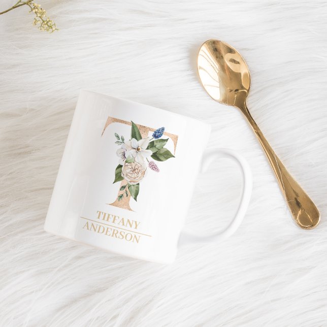 Modern Guld-vattenfärg, blomma Brev T | Monogram Kaffemugg (Skapare uppladdad)