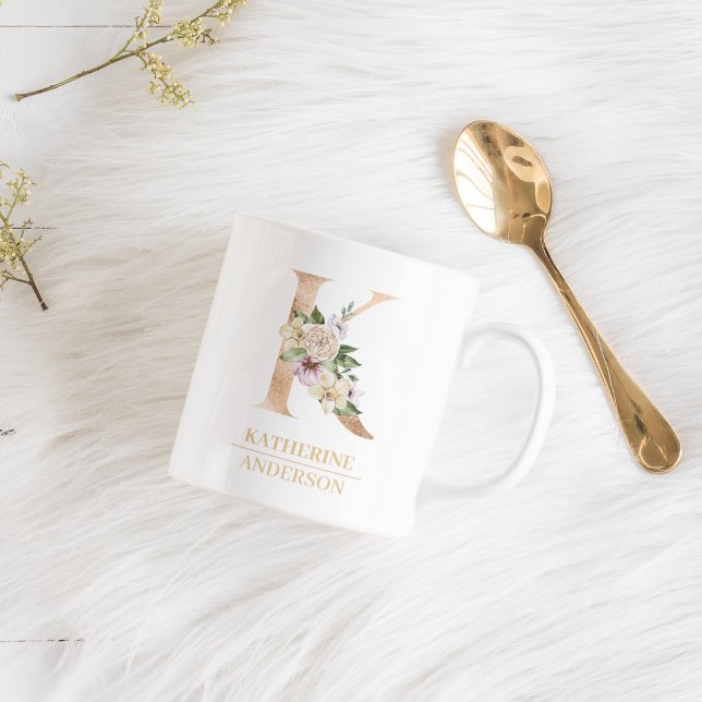Modern Guld-vattenfärgen Flower Brev K | Monogram Kaffemugg (Skapare uppladdad)