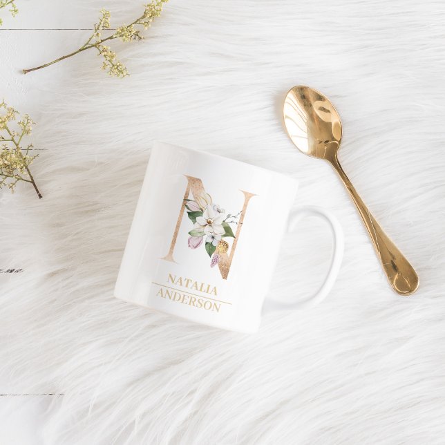 Modern Guld-vattenfärgen Flower Brev N | Monogram Kaffemugg (Skapare uppladdad)