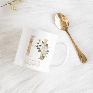 Modern Guld vattenfärgsblomma blomma Brev H   Mono Kaffemugg