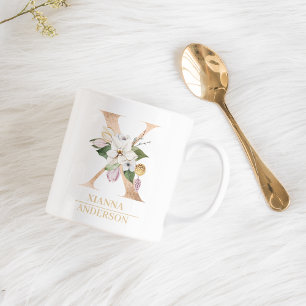 Modern Guld vattenfärgsblomma blomma Brev X   Mono Kaffemugg