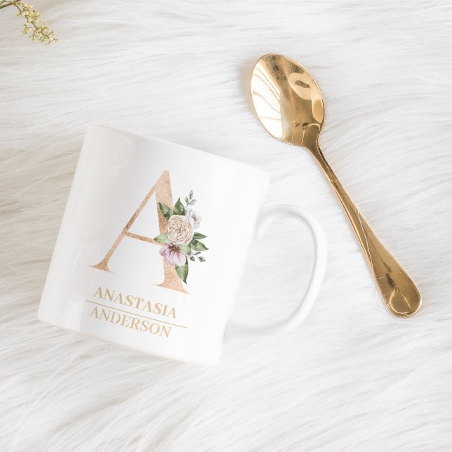 Modern Guld-vattenfärgsblomma Brev A | Monogram Kaffemugg (Skapare uppladdad)