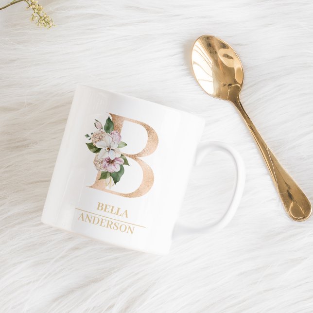 Modern Guld vattenfärgsblomma Brev B | Monogram Kaffemugg (Skapare uppladdad)