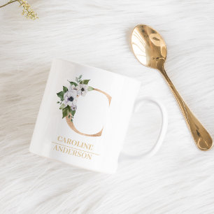 Modern Guld vattenfärgsblomma Brev C   Monogram Kaffemugg